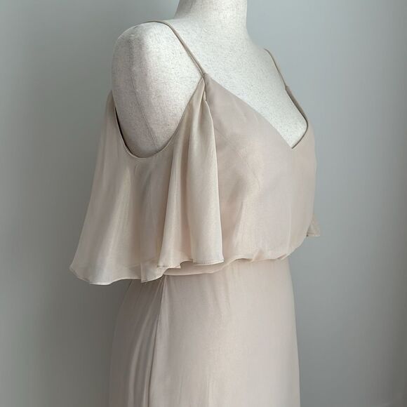 After Six Lux Shim V Neck Cold Shoulder Flounce Dress Bridesmaid in Gold Sz.10L - Picture 4 of 11